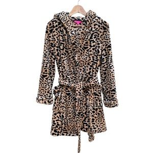 Betsey Johnson Leopard Print Belted Robe Size S With Hood and Pockets